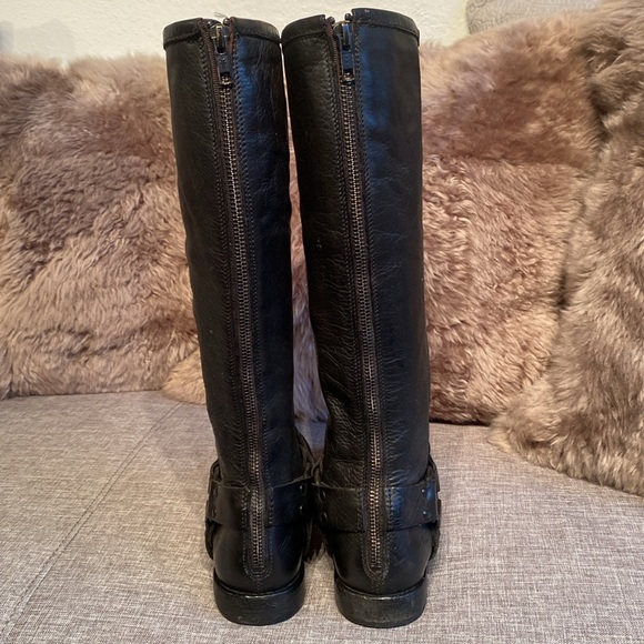 Frye Vintage Black Label Tall Phillip Harness Black Leather Boots - Picture 4 of 14
